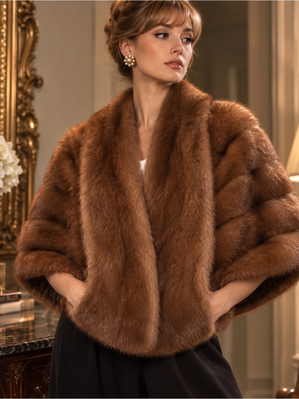 Vintage 1960s GENUINE MINK Fur Cape Shawl Collar Pockets Pristine Glam